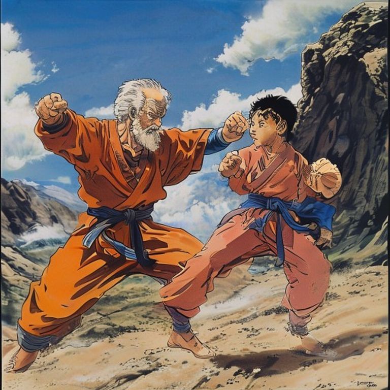 The elder and the younger, mid-spar, both committed. The mentor who can still hit the student is the only mentor that m…
