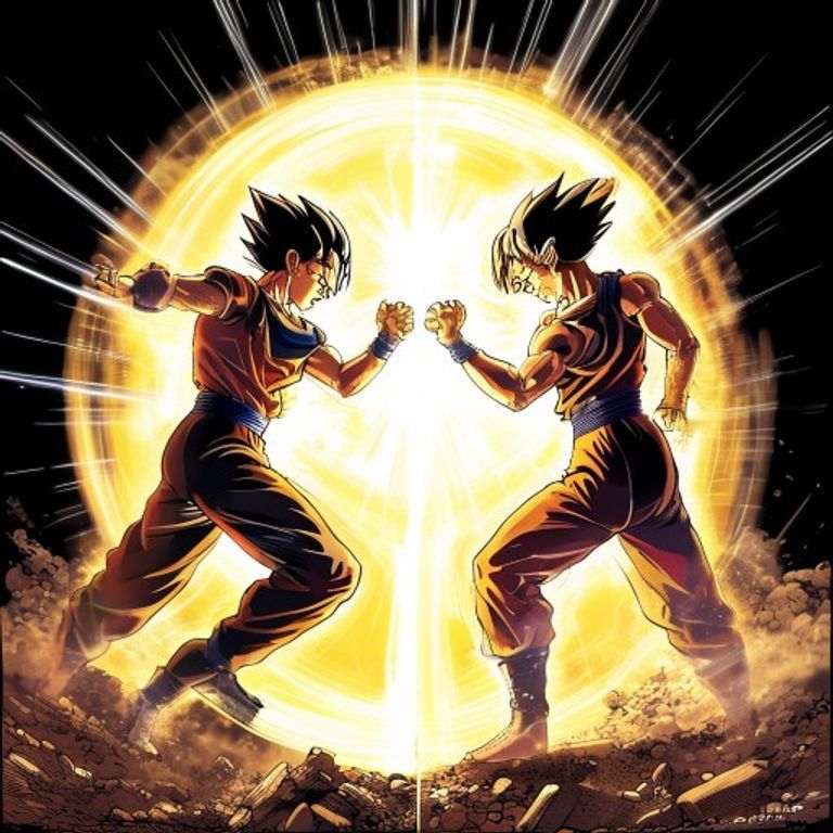Two figures mid-fusion-dance, fingers extended toward each other, mirror-perfect posture. The moment of merger. The syn…