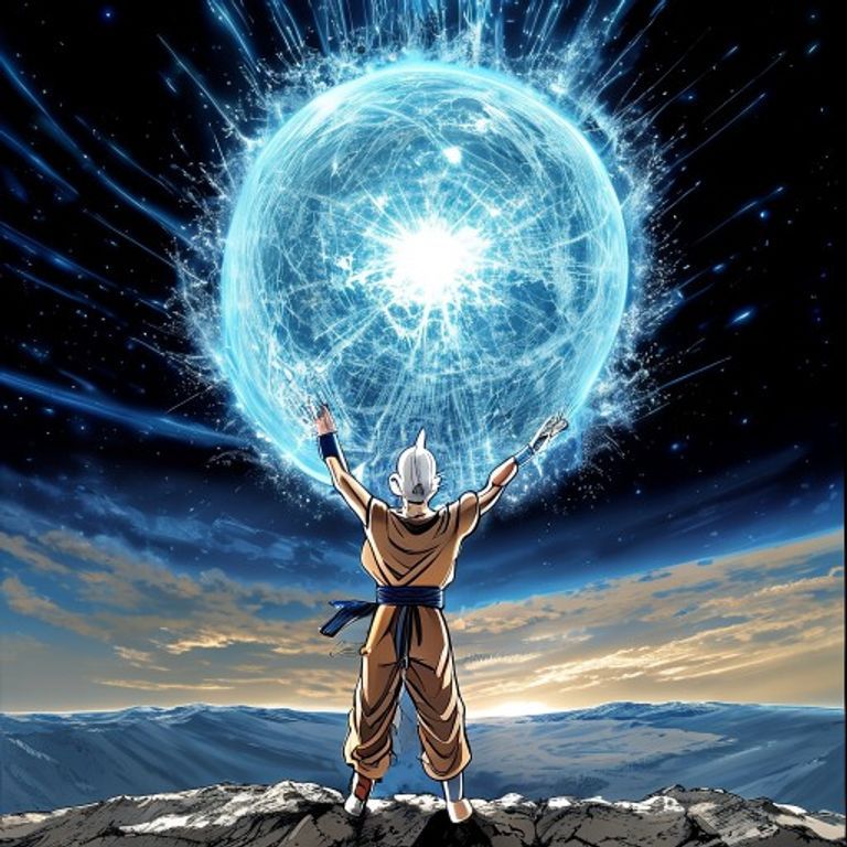 Goku on the planet's surface, hands raised, sphere of borrowed collective energy growing above him. The vitalist-collec…