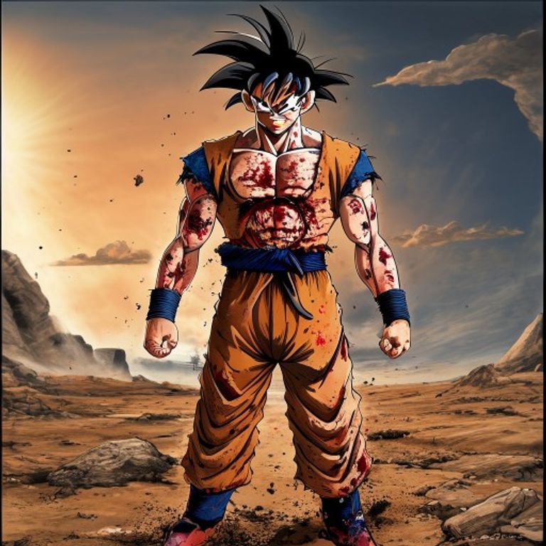 The Vegeta-late-in-Frieza-fight register. Torn clothing, blood-trace, body broken but still upright. Cost visible. Not…