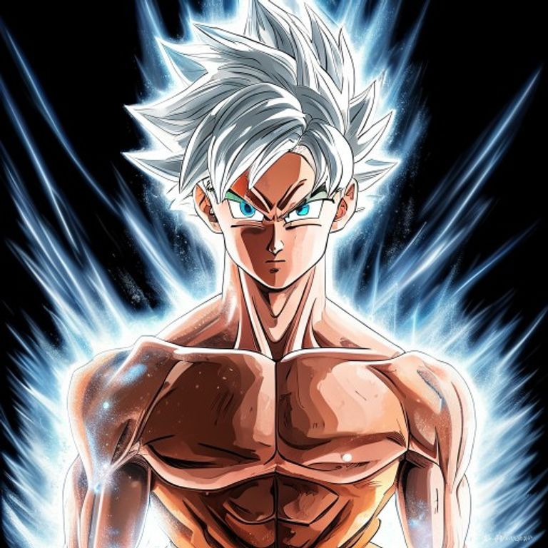 The Dragon Ball Super endgame transformation. Silver aura, silver hair, calm eyes, body still. Mastery as stillness. Th…