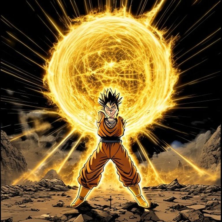 Vegeta planted, both palms forward, fingers spread, charging a beam at full body commitment. The all-in conviction register.