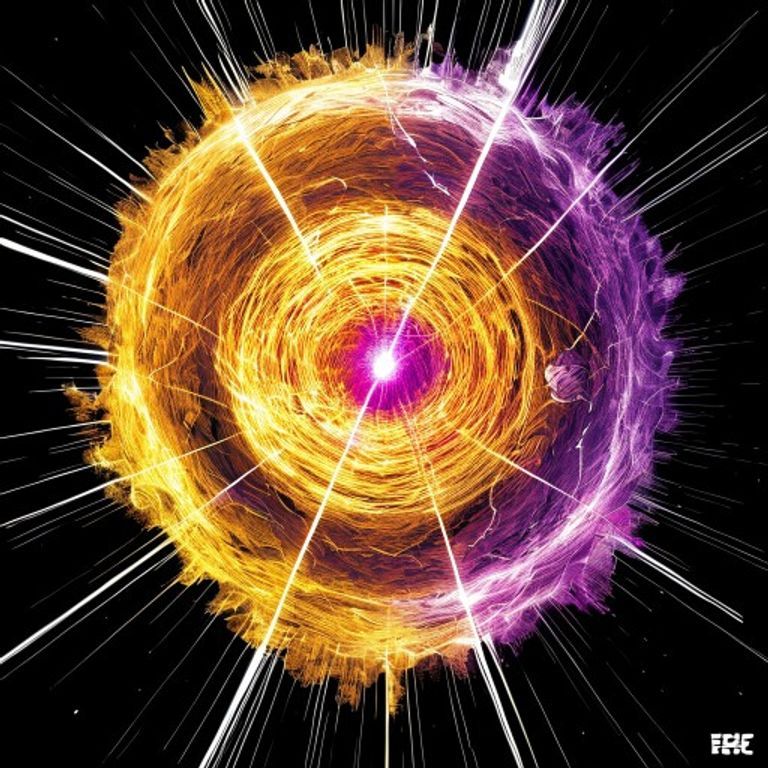 Two opposing beams meet at a roiling sphere of unstable energy at frame-center, both casters straining off-frame at the…