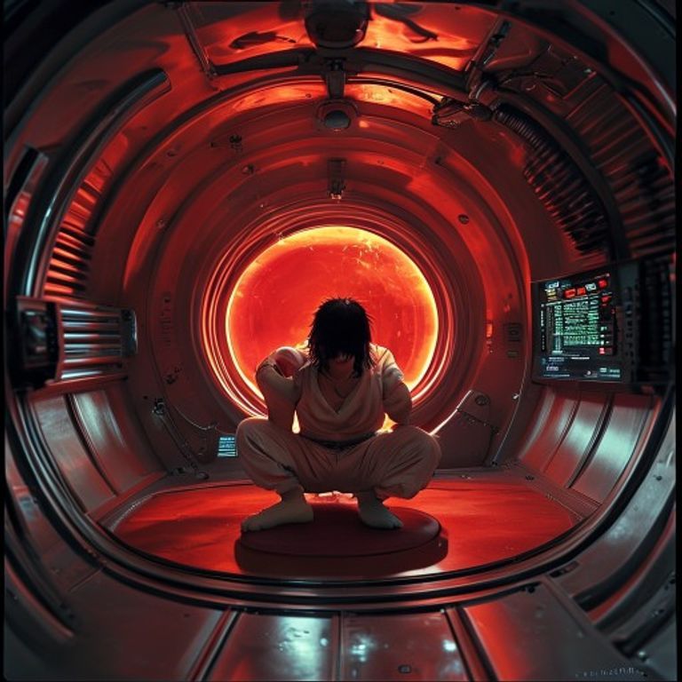 Subject inside the red-lit Capsule Corp gravity sphere, hunched against multiplied gravity, sweat-beaded, machinery glo…