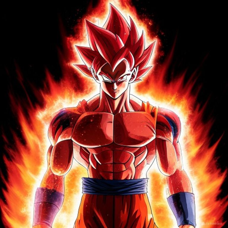 The Battle of Gods divine-form. Crimson hair, leaner frame, calm red aura. Divine power that does not bulk up but slims…