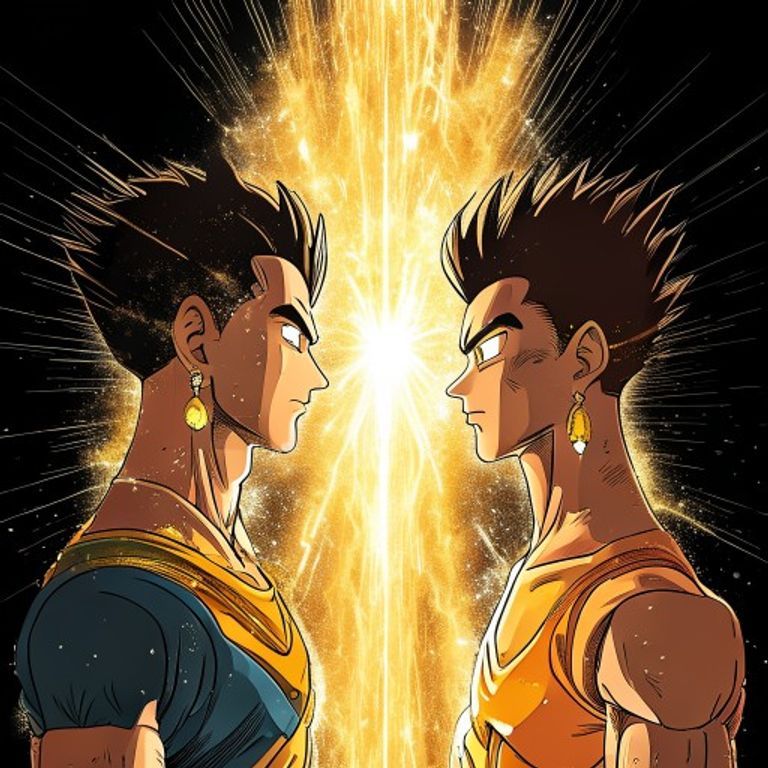 The Vegito-creation frame. Two warriors snap matching Potara earrings onto opposite ears, brilliant white-gold light-bu…
