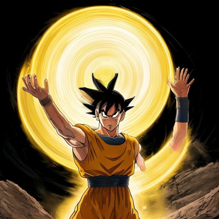 The Krillin signature. Single hand raised overhead, brilliant yellow-white spinning disk of pure cutting energy hovering above palm. The precision-weapon answer to the brute-force…