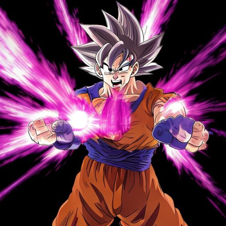 Vegeta's signature beam. Two-hand cupped at hip with palms forward, deep-purple-and-magenta beam exploding forward. The…
