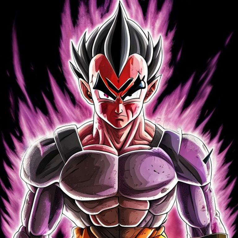 The Majin Vegeta moment. Black "M" glyph burned into forehead, darker eye-shadow, deeper aura, the Babidi-corruption po…
