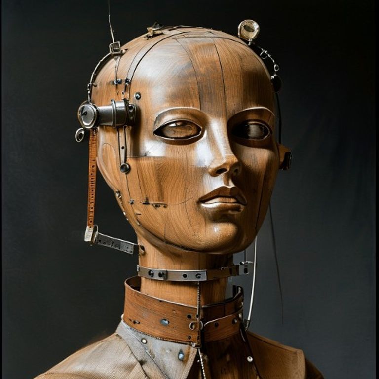 Wooden mannequin head bolted with rulers, jeweler loupes, tape measures, brass numerals.