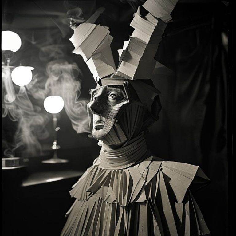 Zurich 1916, paper-and-cardboard tube costume, gas-lamp underlight, smoke and held breath.