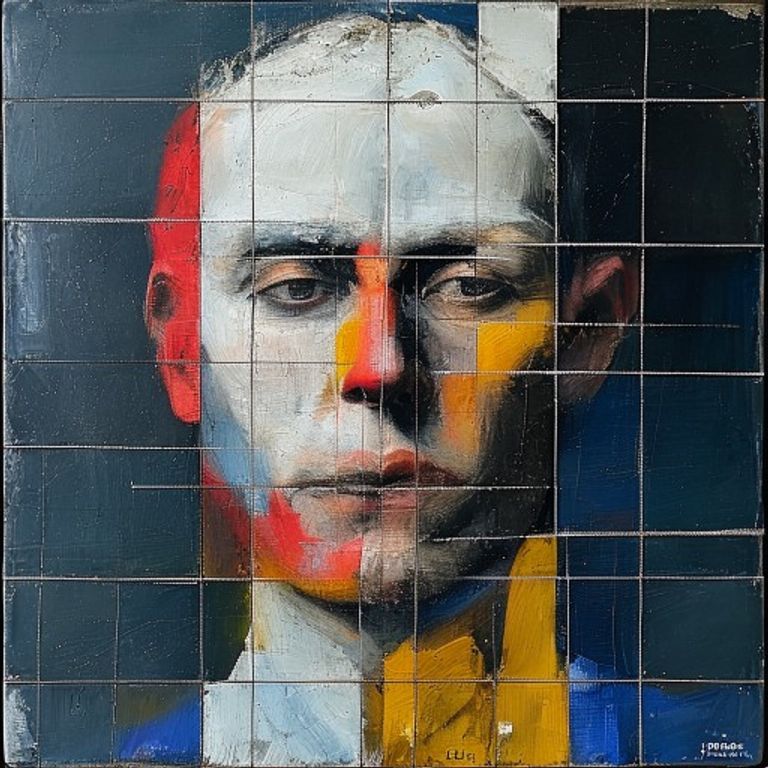 Style register: Piet Mondrian 1921 to 1938 Composition-series neoplastic grammar, black orthogonal grid lines on chalk-…