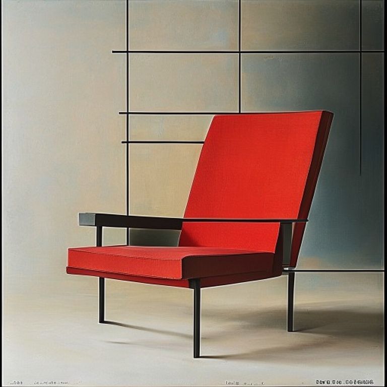 Style register: Gerrit Rietveld 1918 to 1925 Red and Blue Chair and Schroder House grammar, neoplastic doctrine translated into three-dimensional space, lacquered primary planes i…