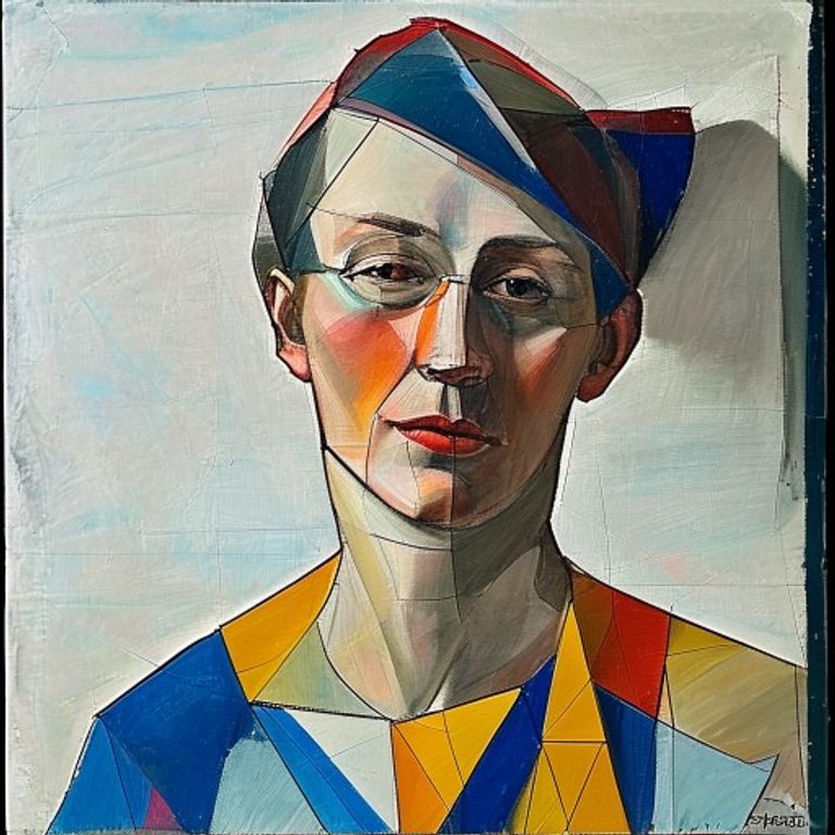 Style register: Bart van der Leck 1917 to 1920 De Stijl figural compositions, the human figure reduced to flat geometric shards in primary colors against a white ground, sitting b…