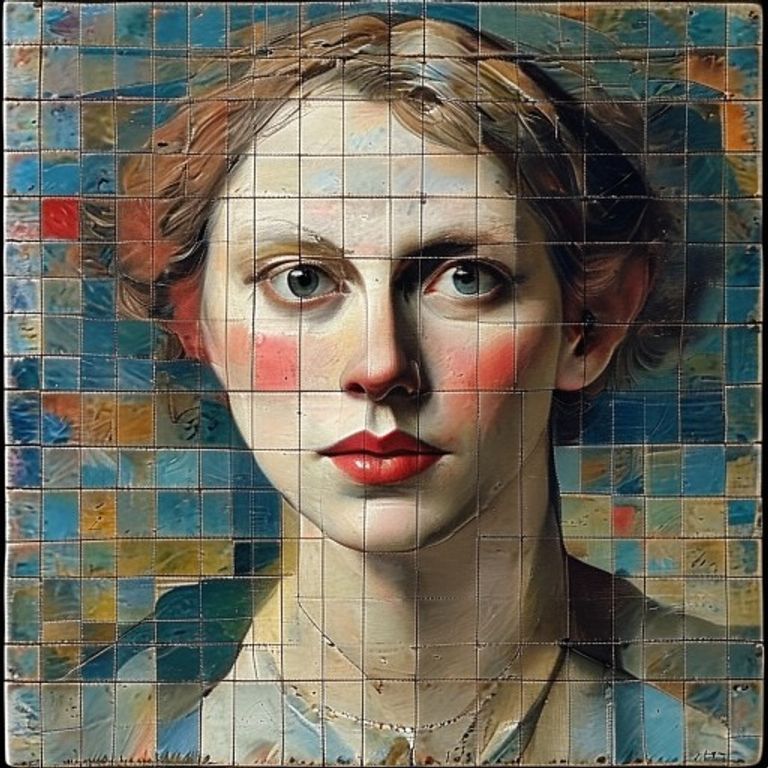 Style register: Vilmos Huszar 1917 to 1923 De Stijl mechanical-tile and applied-graphic grammar, modular interlocking primary-color tiles tessellated across the canvas, the orthog…