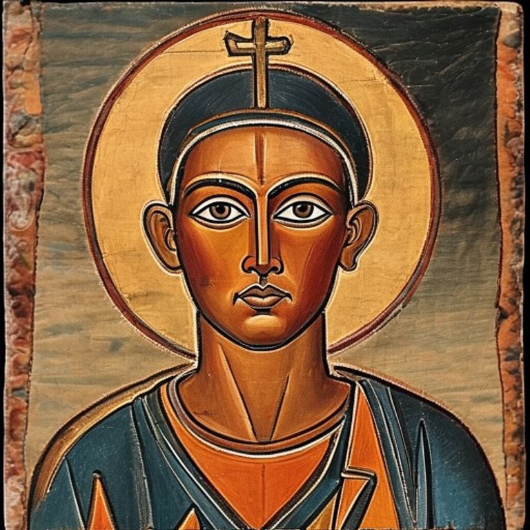 The Ethiopian icon: frontally gazing, big-eyed, the saint rendered with a clarity that says you are being seen. Flat pl…