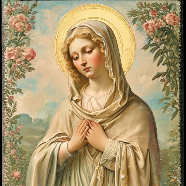 The nineteenth-century devotional holy card: a saint rendered in soft chromolithography, sentimental and sweetly lit, m…