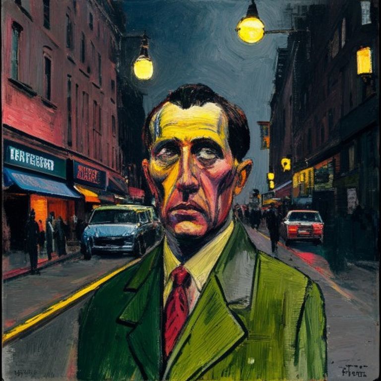 Pre-war Berlin sidewalk angles into shrapnel-greens and acid-pinks; figures elongated, gaslight wrong, the city already…