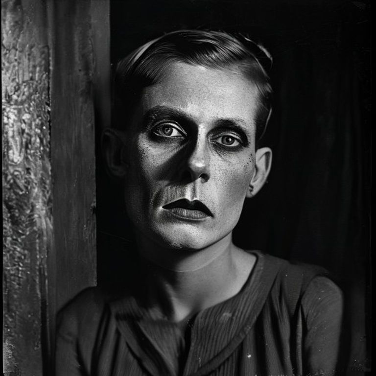 Weimar silent-cinema frame: painted shadows on canvas flats, tilted architecture, kohl-rimmed face, hand-tinted blue night.