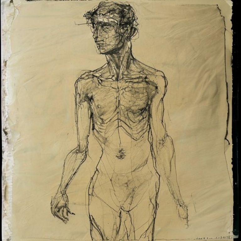 Vienna 1911 nervous line: cream paper, raw ochre flesh, gouache patches over starved bone-architecture, framed by stark…