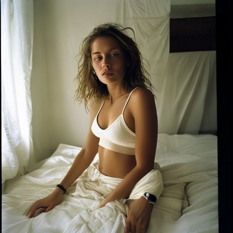 Re-render as a 1993 Kate-Moss Calvin Klein campaign: desaturated grain, white-walled loft, near-nude minimal styling, m…