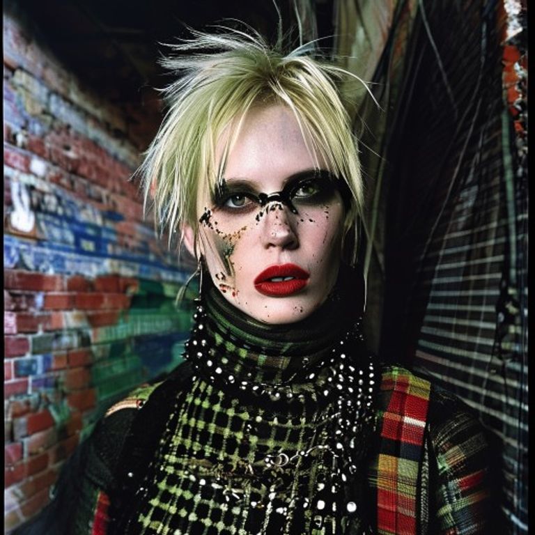 Re-render as a Westwood Kings-Road 1976 punk editorial: ripped tartan, safety pin, bondage trouser, the seam as protest.