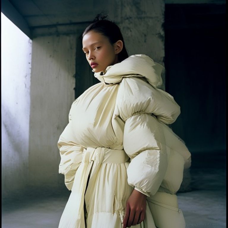 Re-render as a Rei Kawakubo runway-adjacent editorial: sculptural padded distortion, monochrome black or off-white, the…