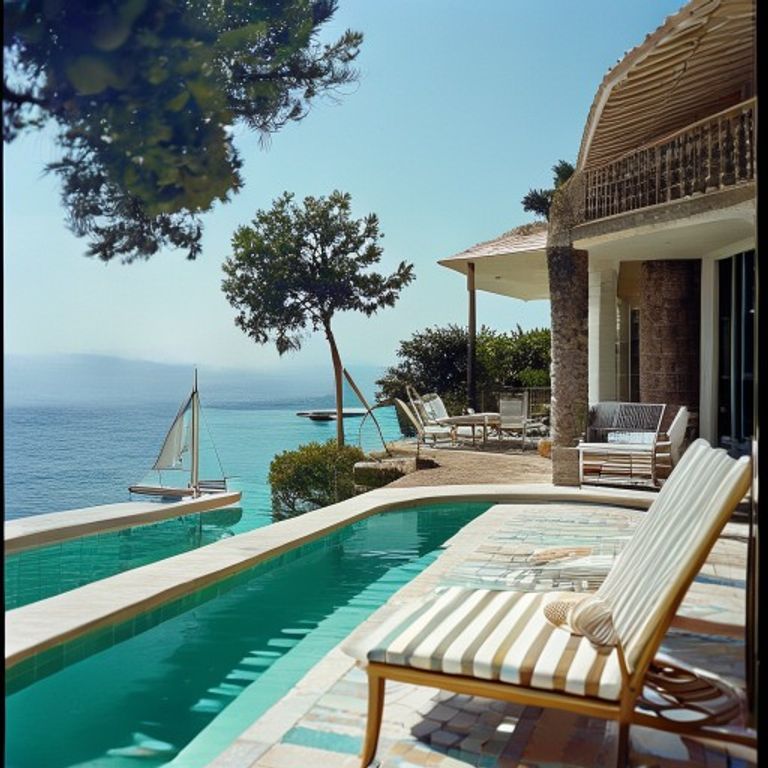 Re-render as a Slim Aarons jet-set spread: Kodachrome saturation, mid-century pool deck, Palm-Beach-or-Capri socialite…