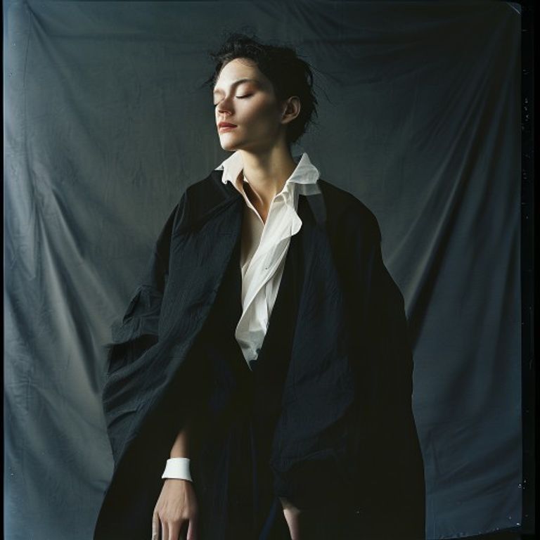 Re-render as a Yohji Yamamoto editorial photographed by Paolo Roversi: soft polaroid-feel large format, near-monochrome…