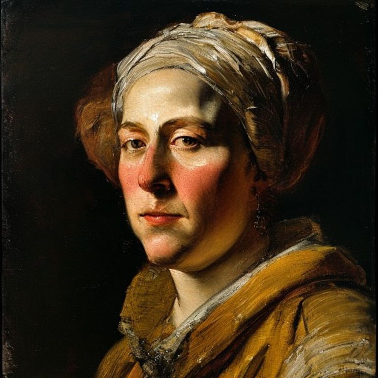 Style register: Rembrandt van Rijn 1650s to 1660s self-portrait and group-portrait grammar, single warm light source ca…