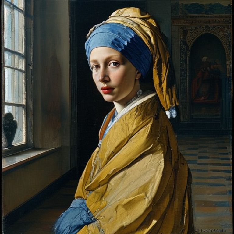 Style register: Johannes Vermeer Delft interior grammar, 1660s, single window light from the left, suspended-moment dom…