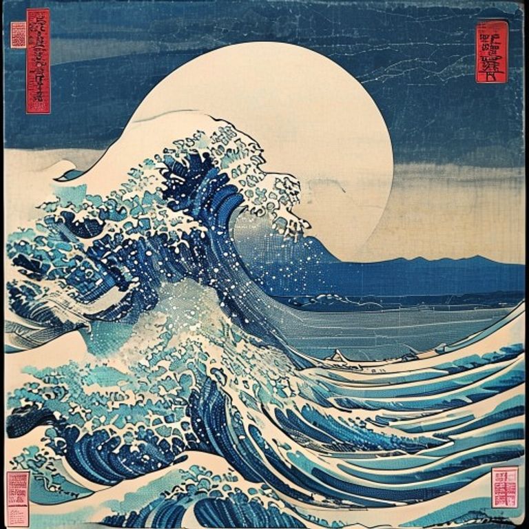 Style register: Katsushika Hokusai late Edo period woodblock print grammar, 1820s through 1840s, flat planes of mineral…