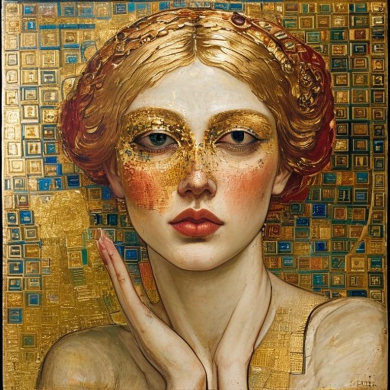 Style register: Gustav Klimt Vienna Secession golden-phase grammar, 1901 through 1909, naturalistic faces and hands flo…