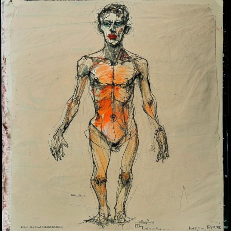 Style register: Egon Schiele Vienna 1910 through 1918 figure-drawing grammar, ragged contour line, gouache and watercolor over pencil, the body angular, mortal, exposed, no decora…