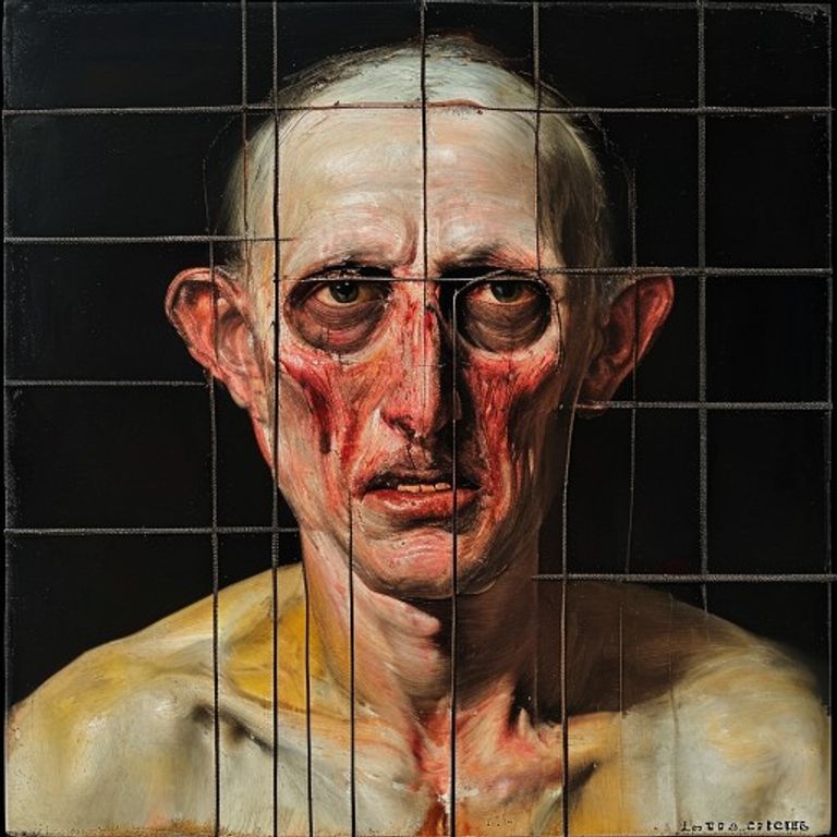 Style register: Francis Bacon postwar London figure-painting grammar, 1944 through 1980, the figure smeared and dragged…
