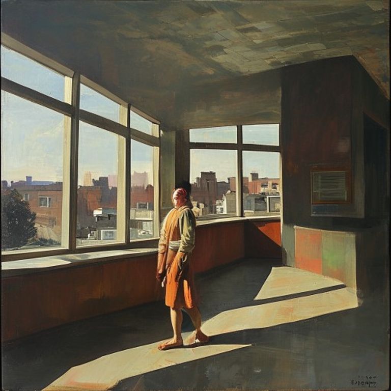 Style register: Edward Hopper American Realist grammar, 1925 through 1965, hard architectural geometry, raking American…