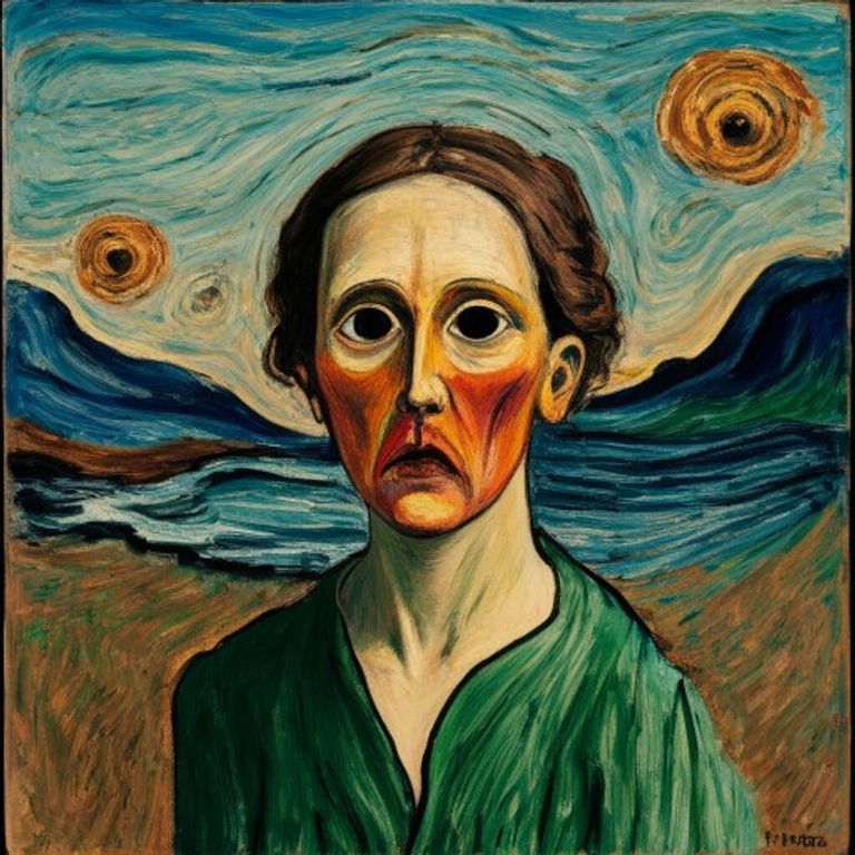 Norwegian-symbolist psychological-interior register, with the sky and landscape distorted into the maker's anxiety stat…