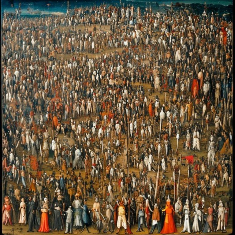Northern Renaissance Flemish-primitive panel painting in the moral-allegorical hellscape register of Hieronymus Bosch.