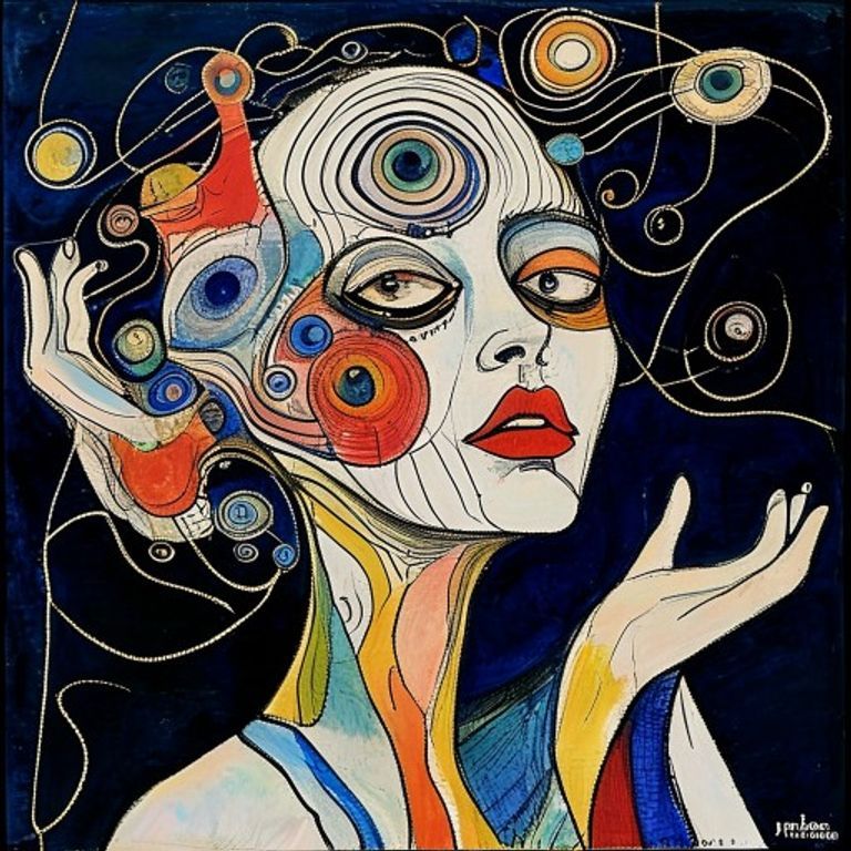Style register: Joan Miró 1920s-1950s, the subject dissolved into biomorphic forms, floating eyes, stuttering curves, a…