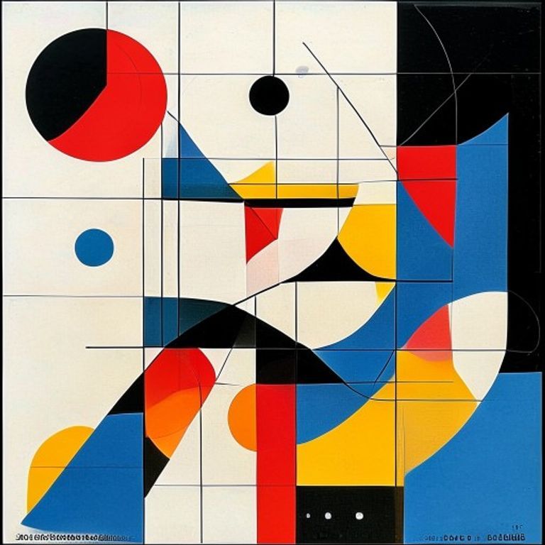 Style register: Wassily Kandinsky 1920s-1940s, the subject rendered as a composition of geometric forms (circles, trian…