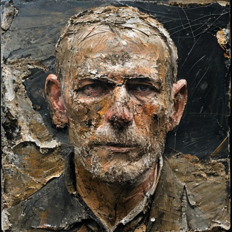 Style register: Anselm Kiefer 1980s onward, the subject layered with photographs, lead, straw, concrete, and burnt eart…