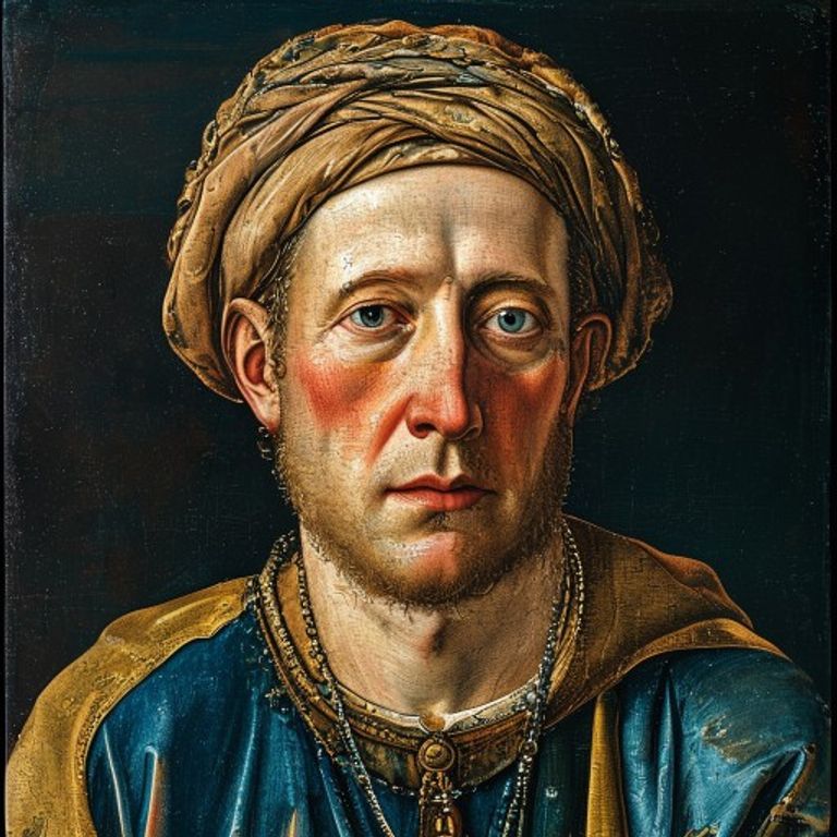 Style register: Jan van Eyck 1420s-1440s, the subject rendered with Flemish precision in oil glazes, every surface meti…