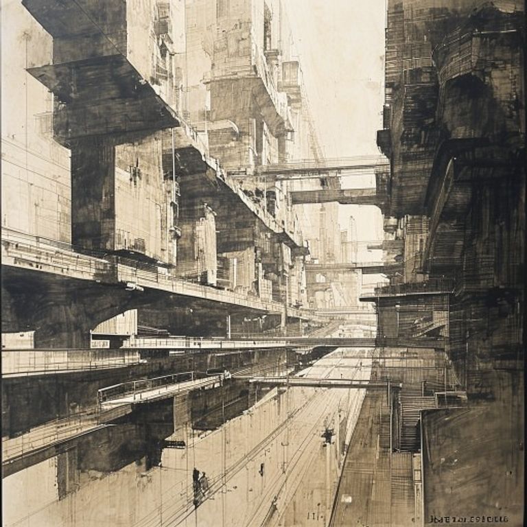 Antonio Sant'Elia's 1914 visionary city, vast setback towers and elevated transit weaving through canyons.
