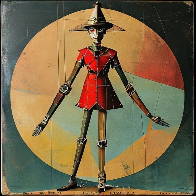 Fortunato Depero's bright mechanical-puppet mode, the figure rebuilt as bolted polygons and gear-wheels.