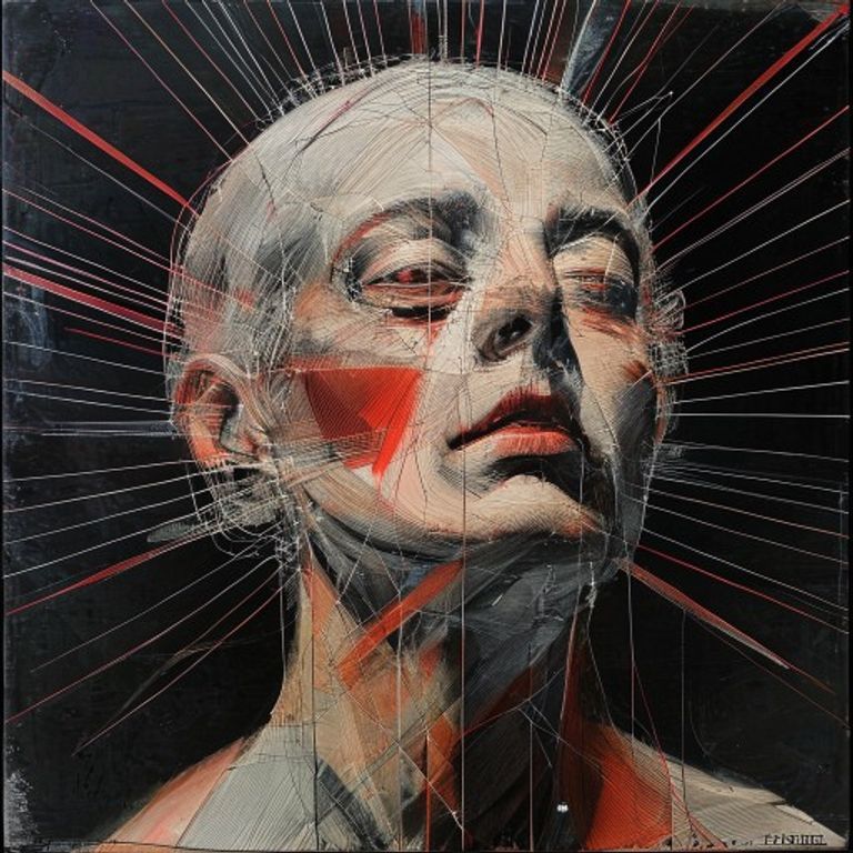Pure Futurist linee-forza, the canvas as a field of crossing energy vectors and simultaneous viewpoints.