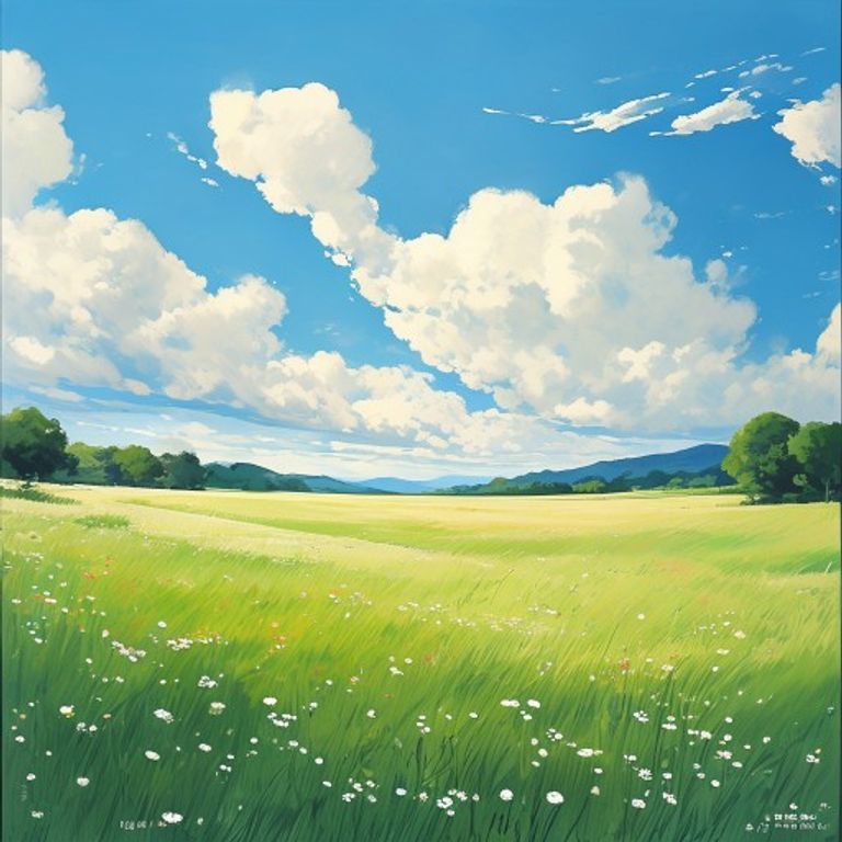 The canonical Ghibli grass-field wide shot. Background dominates, subject small in frame, pastoral lyricism.