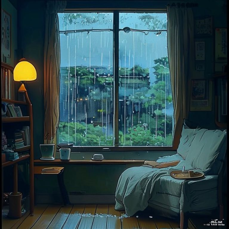 The Ghibli interior register: figure inside, rain on window glass, warm domestic light, world outside soft-focus throug…