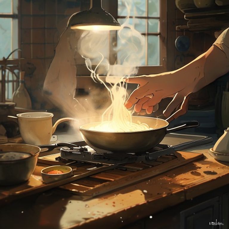 The Ghibli food register, ramen-and-egg or fried-egg-on-toast, painted with reverence. Food as sacrament.
