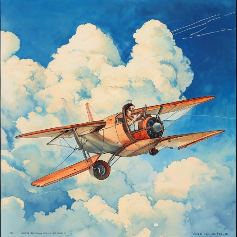 Miyazaki's signature aviation frame: a small flying contraption against a vast cloud-painted sky. The freedom-of-motion…