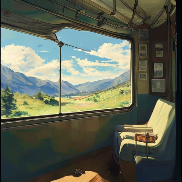 The signature Spirited Away water-train frame and its kin. Subject looking out the train window, landscape passing, time-suspended.